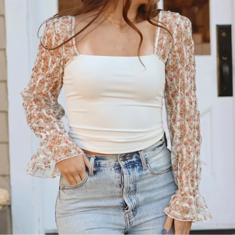 NWT Free People Intimately Gimme Butterflies Cream Floral Sheer Sleeve Blouse
